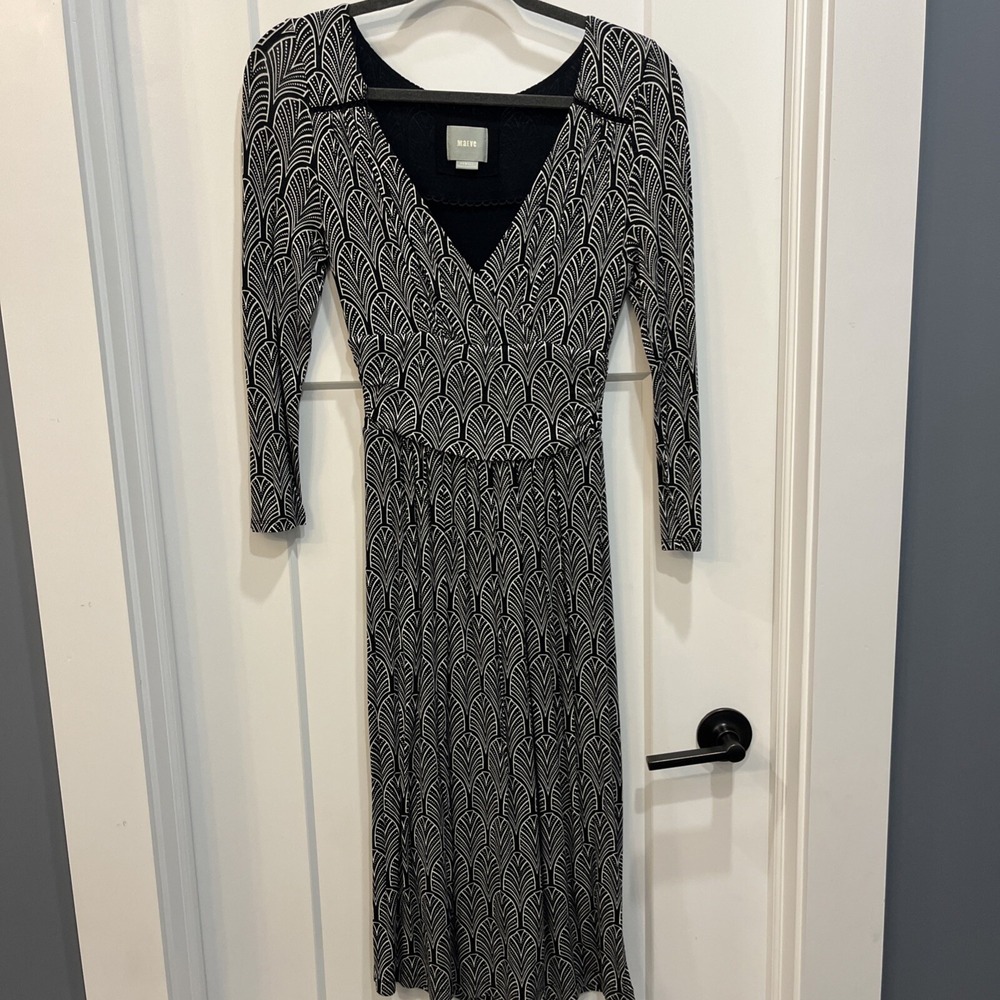 Maeve Anthropologie Womens Black Galena Leaf Print Faux Wrap Midi Dress Size XS
